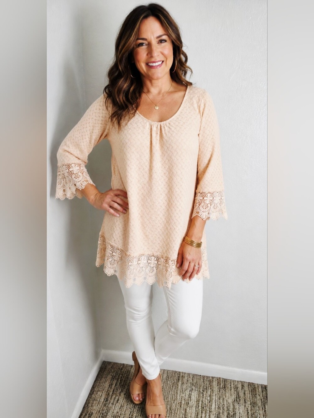 Umgee Peach Color Embroidered Lace Boho Tunic, Size Medium